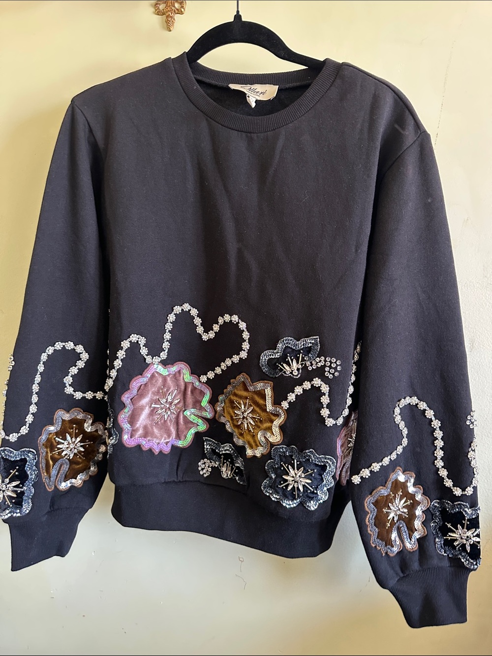 Anthropologie Black Embellished Floral Appliqué Sweatshirt